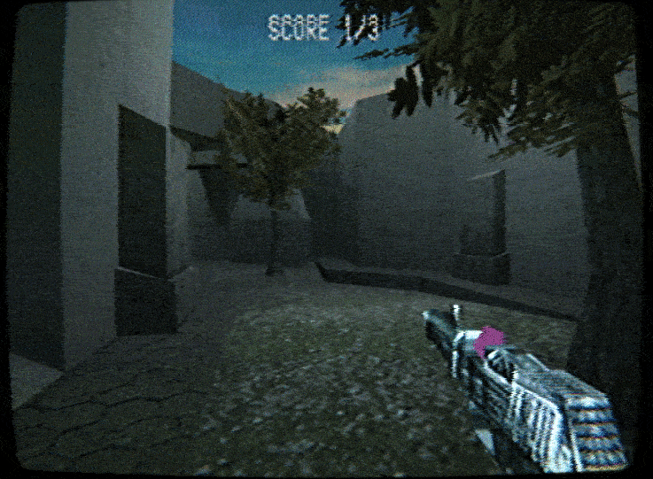 A short loop that looks like it was recorded on VHS tape, showing what looks like a first person shooter from the early '90s. A pistol bobs up and down as if held by the player. The player is in an enclosed space that is open to the sky, standing near a tree and facing another tree farther away. There are concrete walls on both sides.