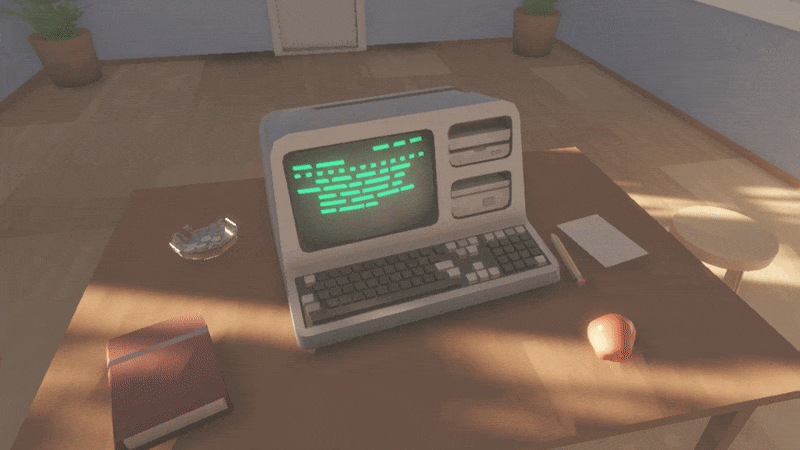 A computer with an integrated green CRT and floppy drive that looks like it's from the 1980s. It jumps around on a desk and illegible text appears on the screen as if someone is typing on it furiously.